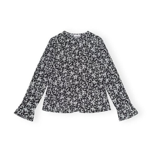 GANNI Printed Crepe O-neck Blouse Floral-print Black White Size 34 US 2 XS - Picture 4 of 8